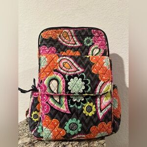Vera Bradley Black Quilted Backpack with Pink, Orange & Mint Paisley Floral